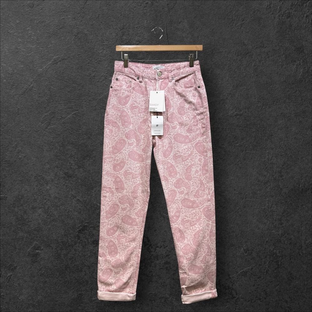 Ganni Swigy Pink Paisley Organic Cotton High Rise Straight Leg Jeans 27 NEW